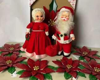 Vintage Santa and Mrs. Claus Figures with Poinsettia Wall Decor