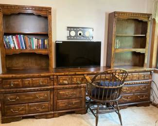 Large Traditional Wood Wall Unit Desk and Hutch with Chair
