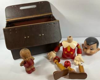Vintage Pinocchio Doll Parts, Kewpie Figure and Storage Tote
