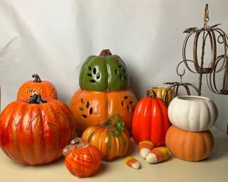 Fall Pumpkin Decor Including Ceramic, Glass, and Metal Pieces