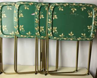 Set of Vintage Green TV Trays With Folding Metal Legs