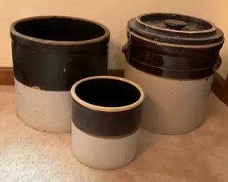Three TwoTone Stoneware Crocks and Covered Crock