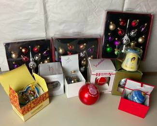 Vintage Christmas Ornaments Including Studebaker, Plymouth Plantation, and Mini Glass Sets