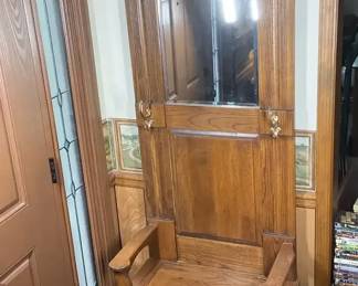06 Antique Hall Tree Bench With Mirror and Coat Hooks