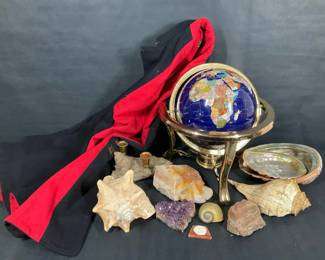 Decorative Globe, Shells, Minerals, and Fabric Assortment