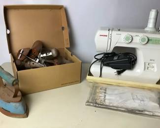 Janome 2212 Sewing Machine, Vintage Sad Iron, and Wooden Shoe Forms