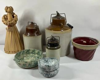 Stoneware Crocks, Spongeware Bowls, and Straw Doll Decor