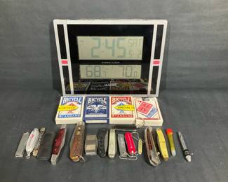 La Crosse Atomic Clock, Pocket Knives, and Playing Cards