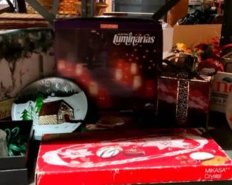 Snowman Figure, Electric Luminarias, and Mikasa Crystal Serving Tray