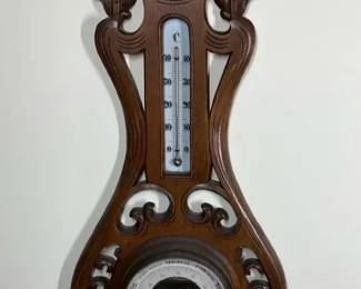 Ornate Carved Wood Wall Barometer and Thermometer