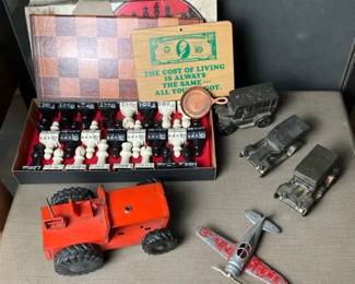 Vintage Toy Vehicles, Chess Set, and Game Assortment