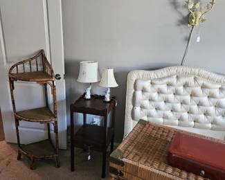 Faux Chinese Bamboo Corner Shelf, Pair of Porcelian Lamps, Pair of Upholstered Twin Head Boards