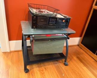 JVC stereo cassette deck and receiver on black metal rolling cart