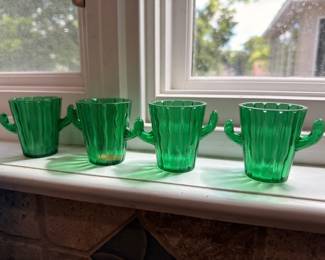 Green glass cactus-shaped mugs / margarita cups