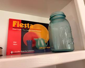 Fiesta (Homer Laughlin) china collector book and vintage blue Ball mason jar