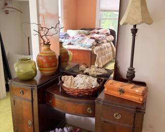 Antique vanity dresser with mirror, pottery vases & lamp