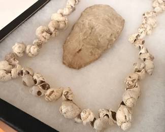 Native American shell bead necklace with stone celt, framed display