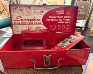 Vintage Swingline heavy-duty staple gun kit in red metal box