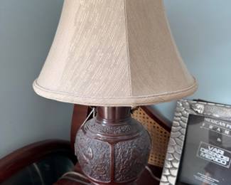 Carved wood Asian-style table lamp with shade