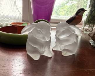 Frosted glass rabbit figurines, pair, Lalique style