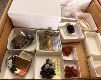 Collection of labeled mineral specimens, pyrite, goethite and amethyst