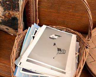 Basket of vintage prints, photographs & artwork