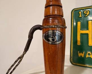 Antique turned-wood vessel/canteen with vintage license plate