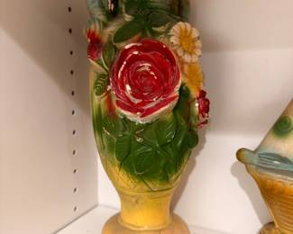 Vintage majolica-style ceramic vase with relief roses