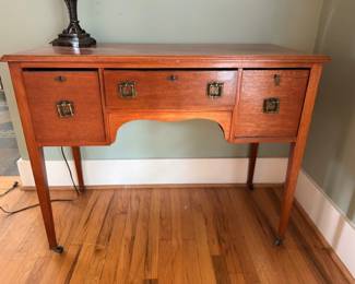 Antique oak server sideboard with brass drawer pulls