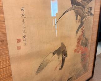 Framed Japanese bird painting with calligraphy