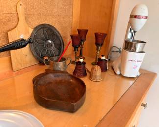 Cast iron waffle iron, vintage Hamilton Beach drink mixer & copper vessel