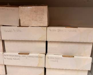 Baseball card storage boxes, labeled sets