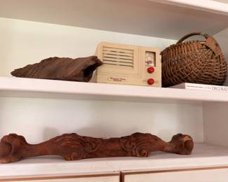 Vintage tube radio, basket and carved wood pediment