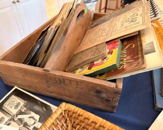 Antique wooden crate of vintage booklets, ephemera & old photos