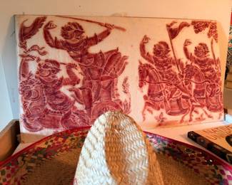 Indonesian wayang-style red & white folk art prints with woven hat and tray