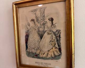 Framed antique French Victorian fashion plate engraving in gilt frame