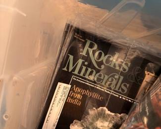 Bin of Rocks & Minerals magazines and mineral specimens