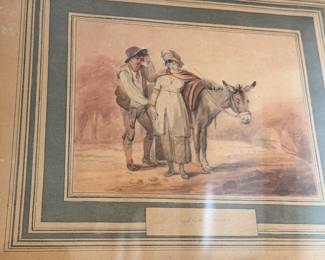 Antique watercolor painting, figures with donkey