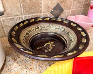 German redware slip-decorated motto pottery bowl