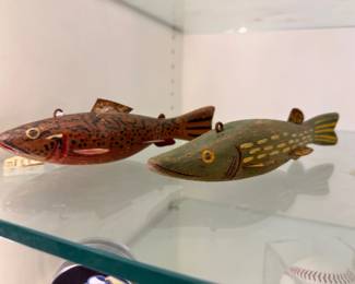 Vintage carved wooden fish decoys, pair