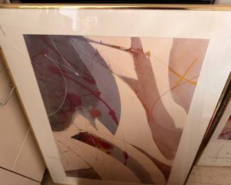 Framed abstract artwork, matted and gold frame