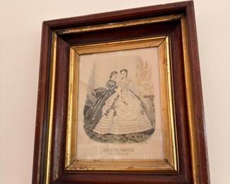 Framed antique Victorian fashion print/engraving in walnut & gilt frame