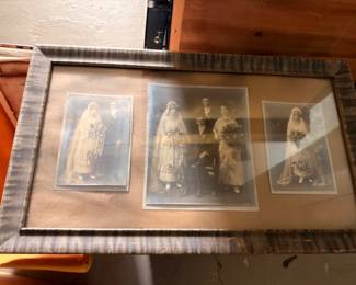 Framed antique wedding portrait photographs