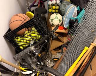 Sporting goods lot, bicycle, balls and bats