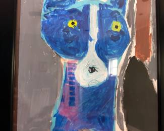 Framed blue dog folk art painting