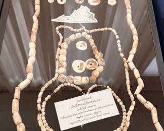 Native American shell bead necklaces and gorgets, framed with provenance