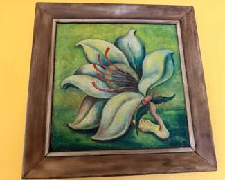 Framed floral still life painting, white lily