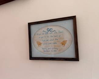 Framed embroidered cross-stitch sampler ("Grow Old With Me")
