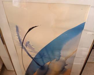 Framed blue bird artwork, gold frame