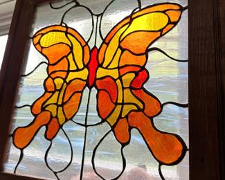 Stained glass butterfly window panel, wood frame